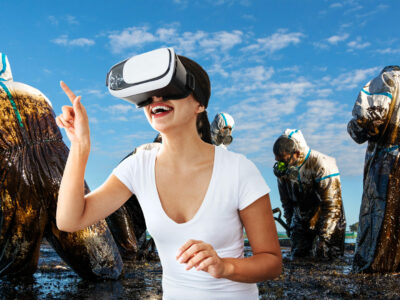 Photo collage showing an excited young woman who is blind because she wears massive "augmented-reality" glasses; in the background is a team of people wearing gas masks and protective clothing while they clean up a beach from an oil spill.